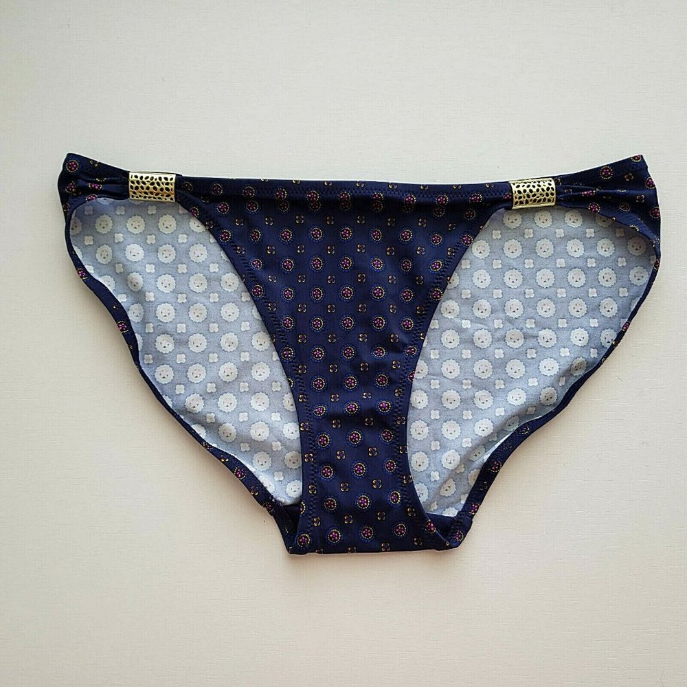 MARIE MEILI NWT Blue Print Bikini Bottom Gold Accent Size Large